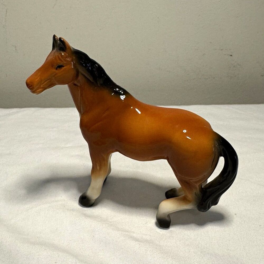 Vintage Porcelain Horse Figurine Brown with Black Mane & Tail Collectible